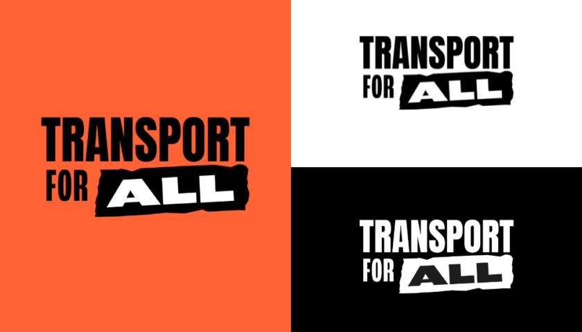 Image of the Transport for All mark. On the left Transport for All is written on hot orange background. On the right it is in black text on white, then below it is in white text on a black background.