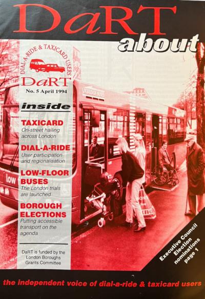 The front cover of the 'DarRT about' magazine from April 1994. The image is of people boarding and alighting a low-floor Uxbridge Bus. the contents list reads: 