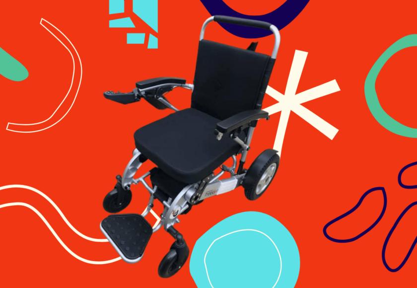 Centre frame is a black wheelchair, in front of a red patterned background.