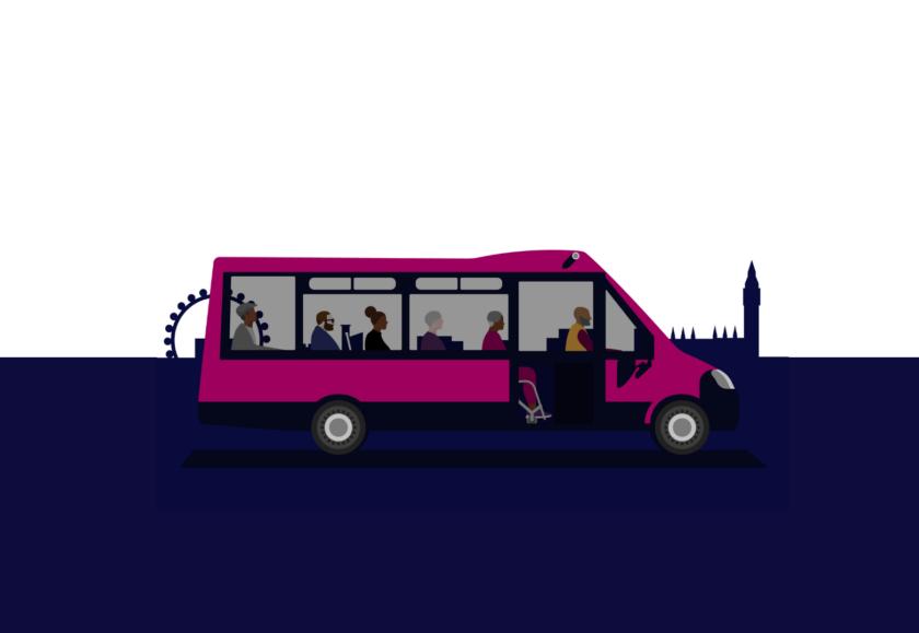 Illustration of a pink bus with six people of varied age, gender and ethnicity inside against a blue London skyline.