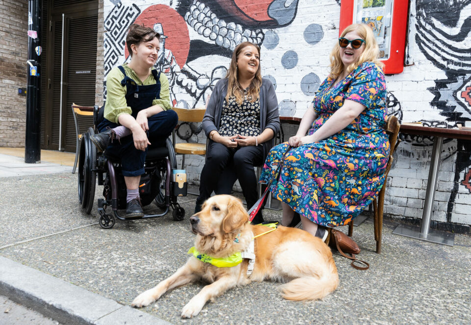Three disabled people sit side-by-side outside. In front of them is a golden guide dog.